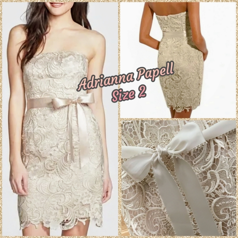 Adrianna Papell, Lace Overlay, Sheath Strapless Dress, Size 2, Champagne Colored